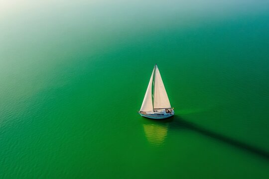 Sailboat sailing on calm green water during golden hour