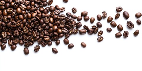 Brown coffee beans scattered on a clean white background with ample negative space on the left for text or graphics showcasing freshness and quality