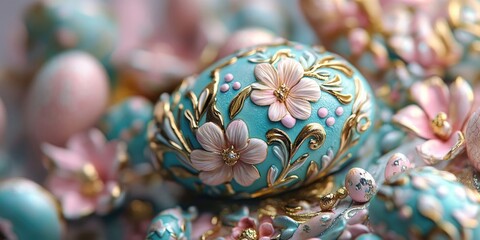 Decorative Easter eggs featuring intricate floral designs in turquoise, gold, and pink, artfully arranged with soft focus background elements.