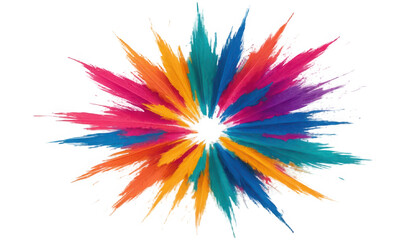 A radial burst of thin brushstrokes in Holi colors radiating outward, creating a sunburst-like effect with powdery textures, isolated on a white transparent background PNG
