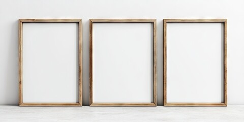 Wooden frame mockups in three sizes 50x70 20x28 A3 A4 arranged on white wall with light shadows perfect for minimalistic artwork presentations