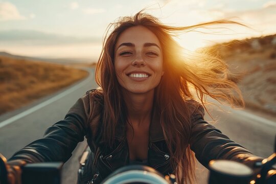 Biker enjoying a sunset motorcycle ride on countryside road - Powered by Adobe