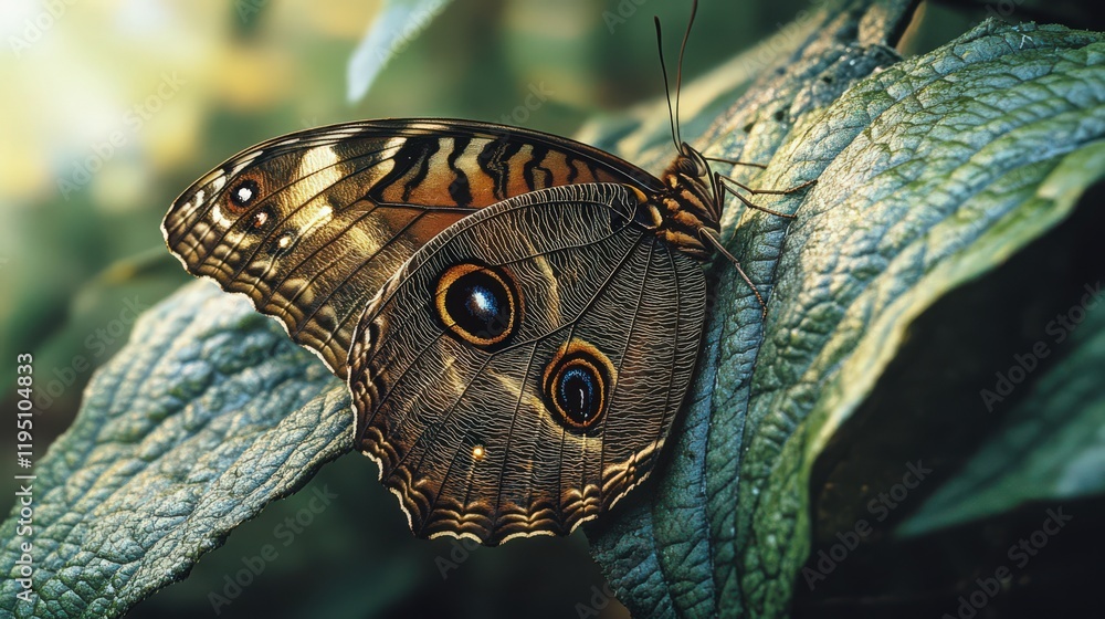 Poster detailed macro close-up shot of a brown butterfly perched on a green leaf showing intricate wing pat