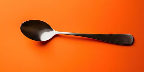 Closeup of a shiny silver stainless steel tablespoon angled on a vivid orange background with a...