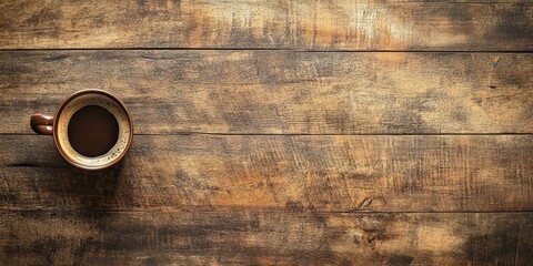 Brown coffee cup with dark coffee resting on rustic wood surface, positioned top left, textured brown wooden backdrop enhances warmth.