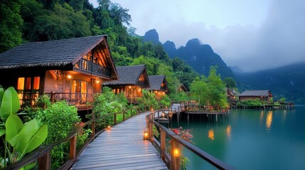Fototapeta premium A tranquil view of a wooden walkway leading through Khao Sok's lush jungle, inviting visitors to explore its natural beauty.