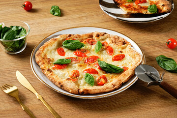 Neapolitan-style pizza. Pizza Margherita thin crust, fresh ingredients, and high edges. Pizza Napoletana