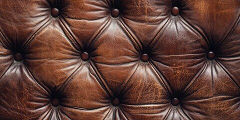 Naklejka premium Vintage brown leather sofa close-up with tufted texture showing rich dark brown tones and subtle wear ideal for background use.