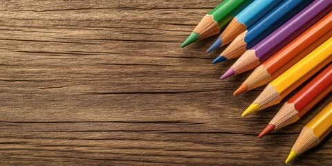 Obraz premium Vibrantly colored pencils in a diagonal line on a textured brown wooden background showcasing art supplies for creative drawing activities
