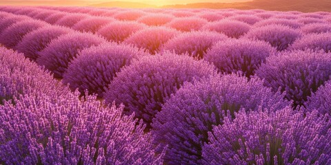 Obraz premium Vibrant lavender fields in full bloom at sunset with lush purple hues contrasting against a warm golden sky creating a serene landscape scene