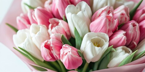 Elegant bouquet of white and pink tulips wrapped in soft pink paper against a clean white background showcasing spring beauty and freshness