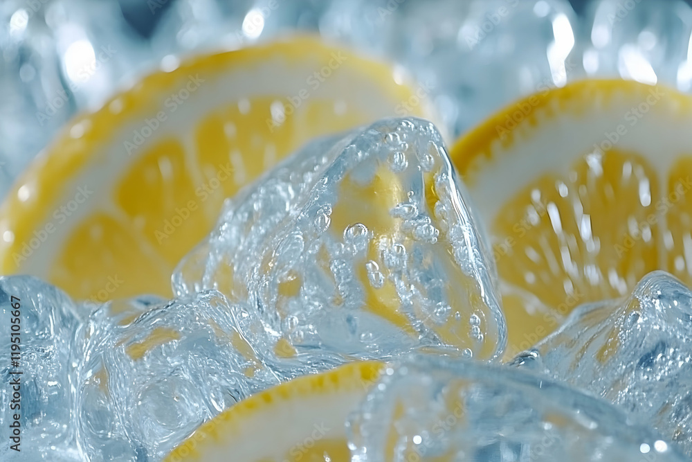 Poster refreshing close-up of lemon slices submerged in melting ice cubes, capturing the essence of coolnes