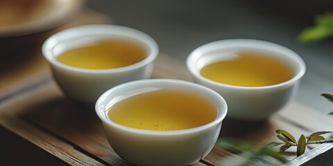 Three white ceramic cups filled with hot oolong tea positioned centrally on a wooden tray with soft green leaf accents in a warm, natural setting.