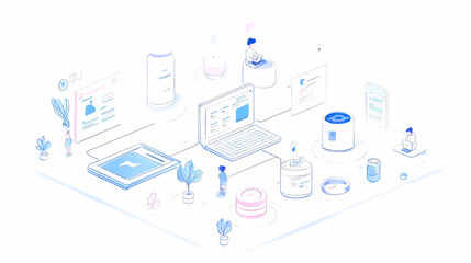 A minimalistic illustration featuring various skincare products, a laptop, and plants, conveying a sense of beauty, health, and wellness.