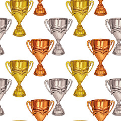 Golden silver bronze winner cup trophy, victory, prize seamless pattern. Hand draw watercolor illustration isolated on white background. Textile, print, wrapping paper