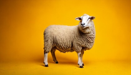 Obraz premium sheep standing, background isolated yellow, copy space 