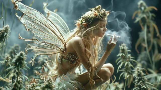 Fairy smokes weed sitting on top of cannabis blossoms