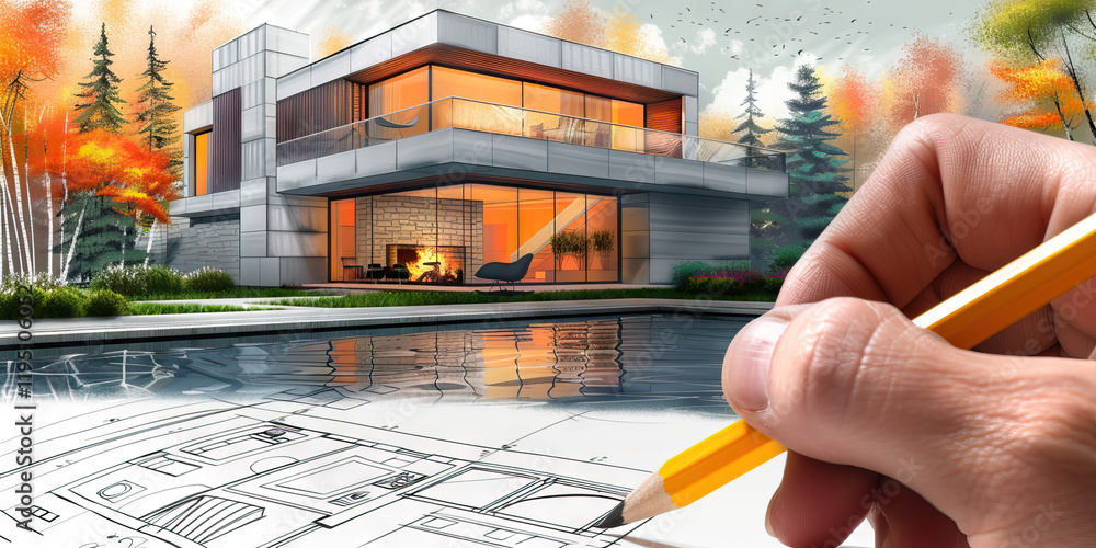 Poster modern house architectural rendering with pool and blueprints