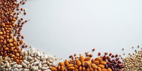 Assorted beans, nuts, and seeds in earthy tones arranged at the bottom left on a light grey background with ample copy space for text.