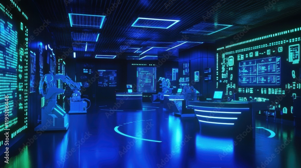 Poster a futuristic robotic workstation highlighted under blue and green led lights where several robots in