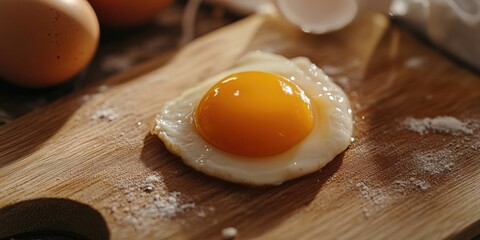 Closeup of a vibrant yellow egg yolk on a wooden cutting board with scattered salt creating a rustic food backdrop with soft lighting
