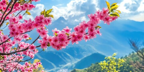 Obraz premium Vibrant pink cherry blossoms in full bloom against a backdrop of blue mountains and cloudy sky positioned in the foreground of a spring garden