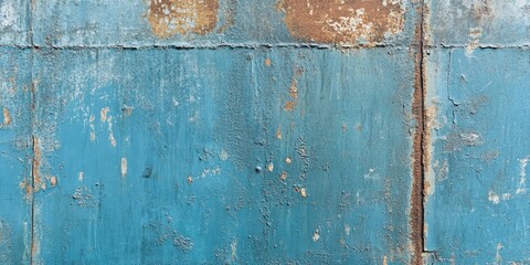 Weathered blue wall surface with scratches and rust accents, featuring prominent blue tones, with textures creating an aged, industrial appearance.