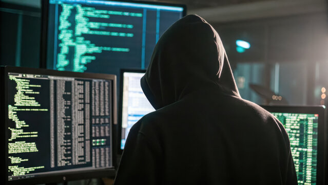 hooded figure works on multiple computer screens with code
