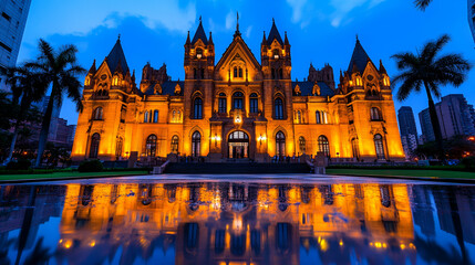 Fototapeta premium A stunning historical building illuminated at night, reflecting beautifully on a water surface, surrounded by palm trees and city skyline.
