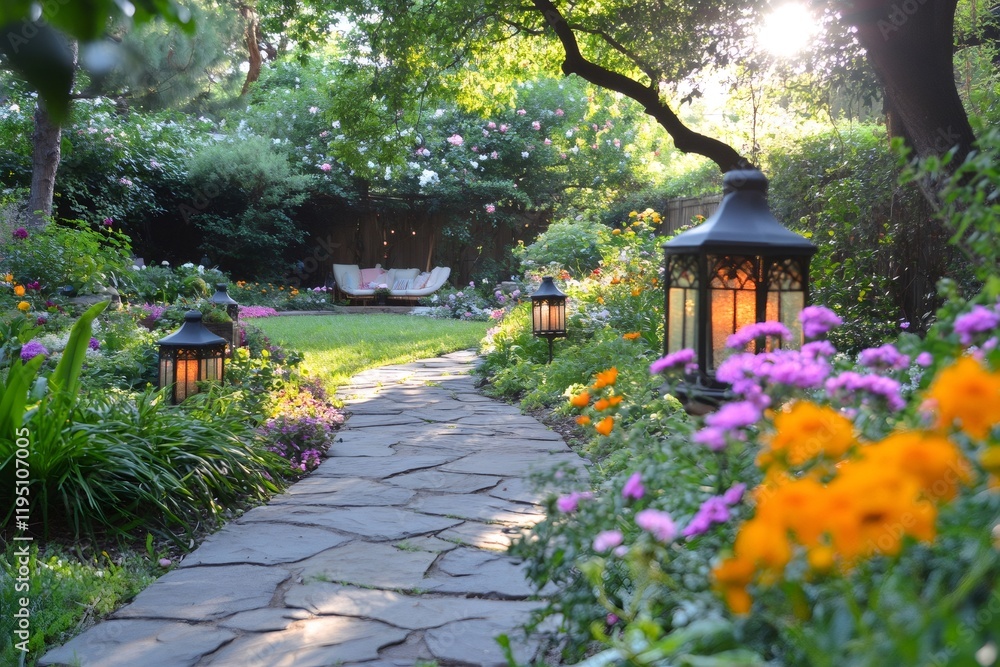 Poster tranquil garden path with illuminated lanterns creating a magical atmosphere