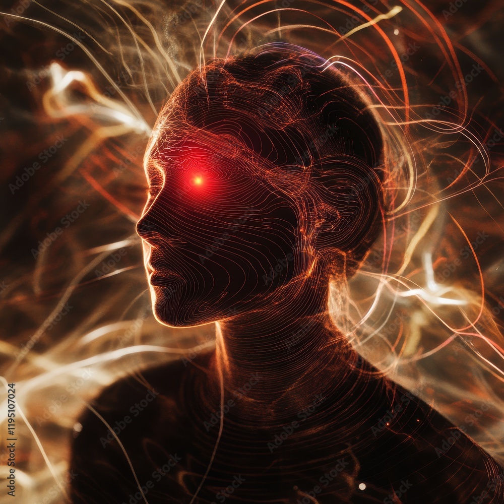 Poster person surrounded by swirling lines and abstract shapes reflecting a blend of technology and creativ