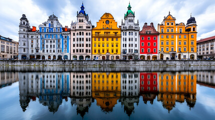Fototapeta premium A vibrant row of colorful buildings reflects in a calm waterway under a cloudy sky, creating a picturesque urban scene.