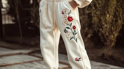 Off-white pants, floral embroidery, casual style.