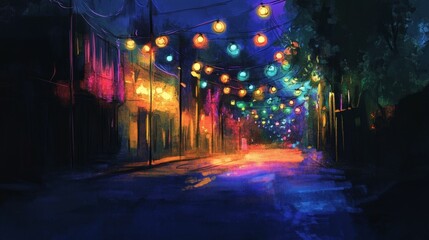 Fototapeta premium Night street scene; colorful lights strung above.