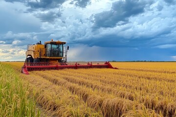 Obraz premium Harvesting Rice in a Golden Field