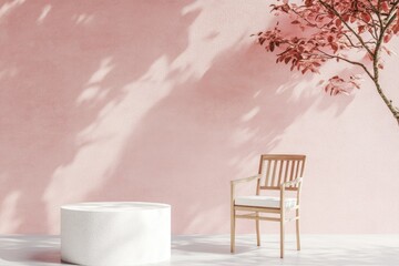 Minimalist Product Podium Display in Mid-Air Against a Pastel Pink Wall With Natural Lighting