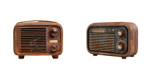 pair of vintage radios with distressed look, showcasing cracks and rust