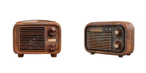 pair of vintage radios with distressed look, showcasing cracks and rust