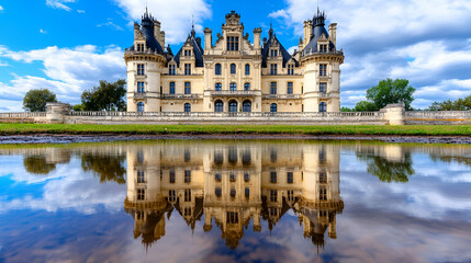 Obraz premium A stunning castle reflects in calm waters under a blue sky, showcasing its ornate architecture and lush surroundings.