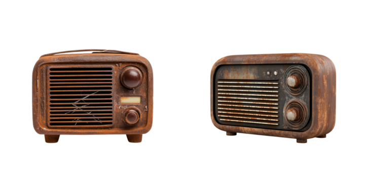 pair of vintage radios with distressed look, showcasing cracks and rust