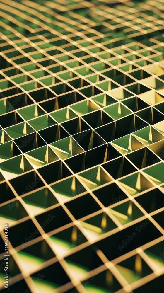 Poster Intricate geometric grids are adorned in vibrant olive green hues, showcasing a dynamic interplay of light and shadow. This mesmerizing pattern draws the eye into its captivating depths
