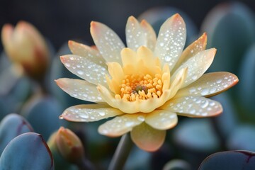 Vibrant yellow flower blooming with fresh dew drops