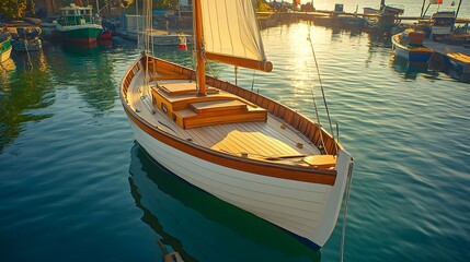 Obraz premium Beautiful Wooden Sailing Boat Docked in Calm Waters at Sunset with Vibrant Colors Reflecting off the Water Surface in a Serene Marina Setting