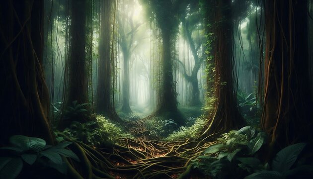A lush jungle with thick, tangled vines