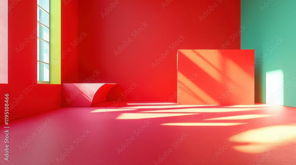 Poster abstract room with red and green walls and sunlight patterns through a window