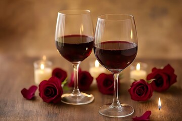 Two glasses of red wine with red roses and burning candles creating romantic atmosphere