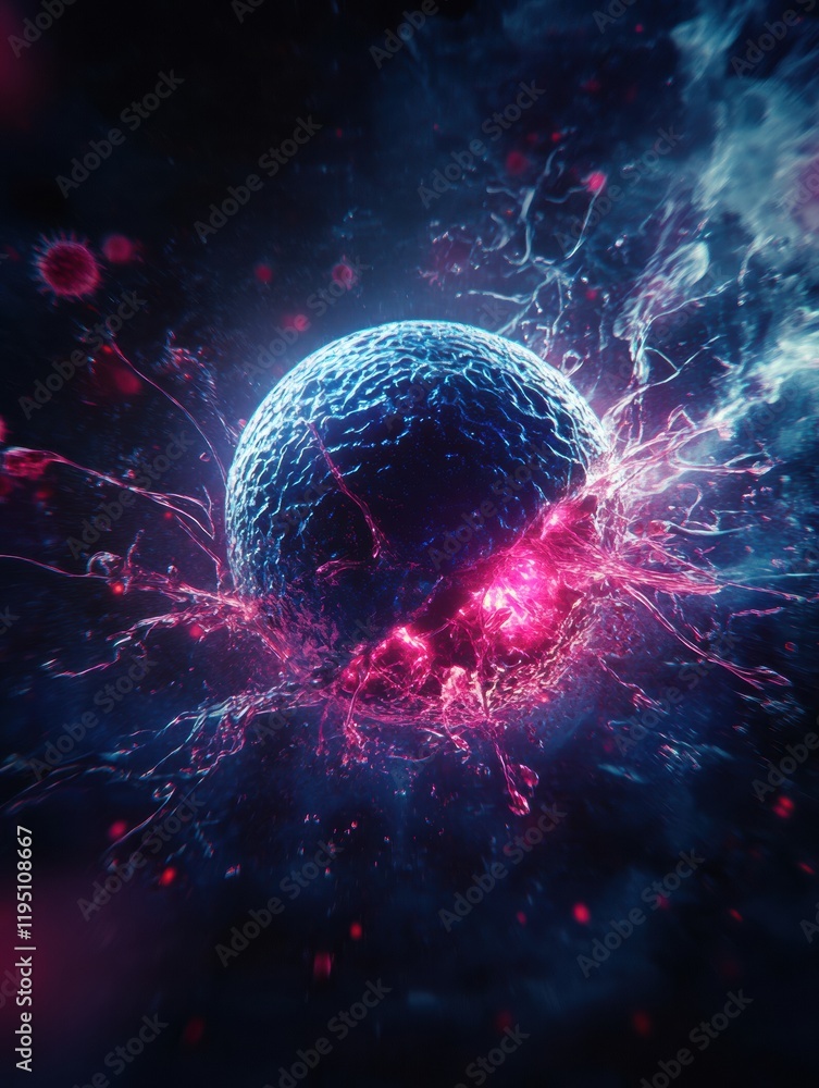 Poster magnified view of a human cell under attack by a virus in a science focused dramatic representation.