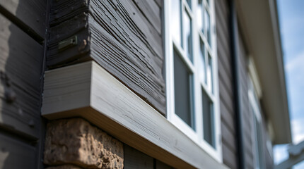 Obraz premium Modern House Exterior: Grey Wood Siding, Brick Accents, and Classic Window Design. High-quality architecture and construction details.