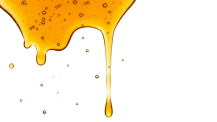 Vertical golden honey drip with bubbles against a transparent background, highlighting texture and natural sweetness. Isolated