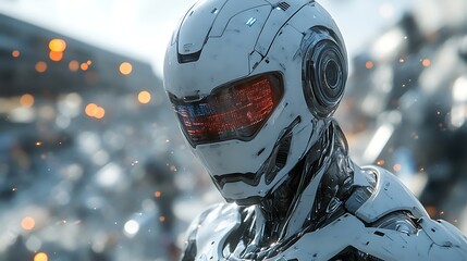 Futuristic robot soldier amidst battle.